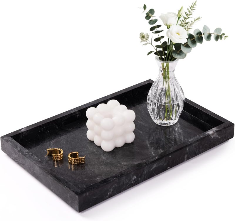 Homaura Marble Bathroom Tray for Countertop & Home Decor, Natural Decorative Marble Tray for Jewelry & Perfume Organizer, Luxury Stone Vanity Trays for Dresser, Kitchen Counter, 12" x 8", Gray Black - Image 1